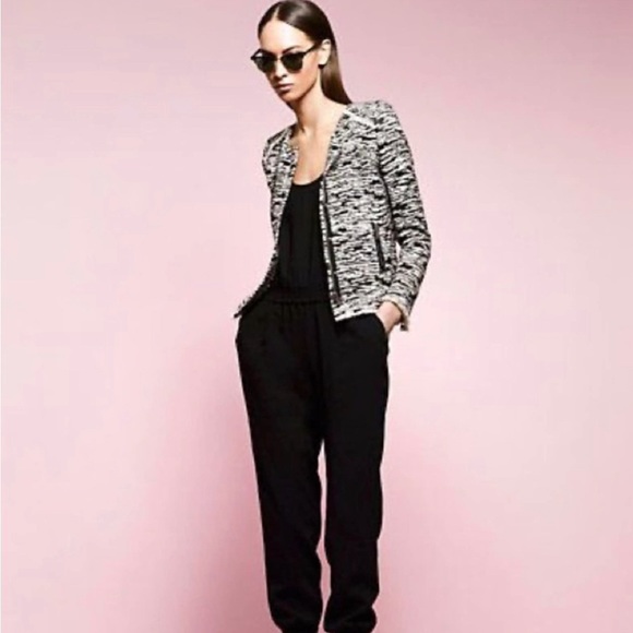 IRO BLACK AND WHITE COTTON BLEND WOVEN ZIP FRONT JACKET WITH POCKETS SIZE 6 - Picture 1 of 12